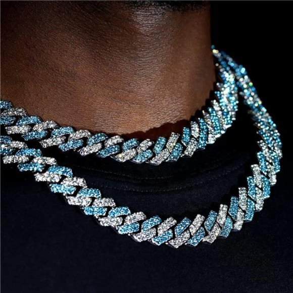 Blue/Silver Cuban Link Iced Out Chain Necklace - Picture 2 of 3